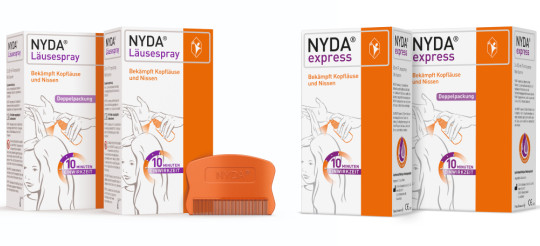 NYDA-Produktsortiment mit Läusesprays, NYDA plus und orangefarbenem Kamm vor weißem Hintergrund.