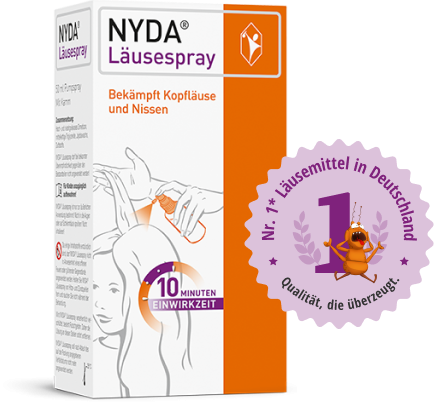 NYDA Läusespray-Packung in orange und weiß mit Hinweis auf zehn Minuten Einwirkzeit. 