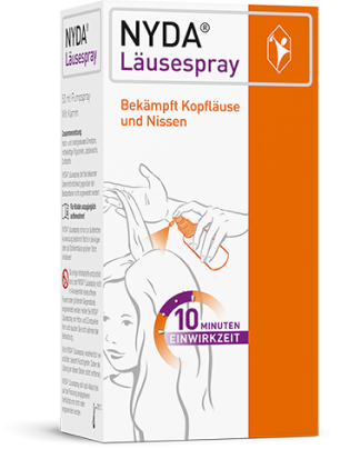 NYDA Läusespray-Packung in orange und weiß mit Hinweis auf zehn Minuten Einwirkzeit. 