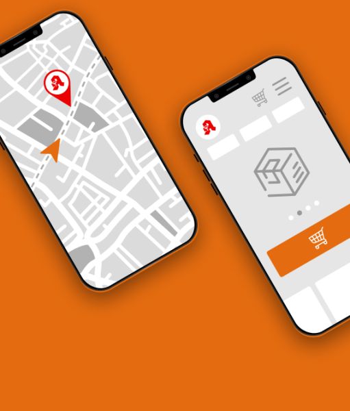 Zwei Smartphones zeigen eine Kartenansicht mit Apothekenmarkierung und einen Bestellbildschirm.