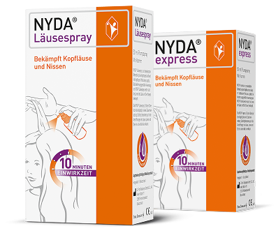 NYDA® Läusespray und NYDA® express in Verpackungen, die gegen Kopfläuse und Nissen wirken. Einwirkzeit 10 Minuten.