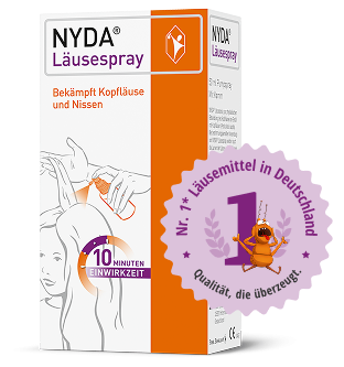 NYDA Läusespray-Packung in orange und weiß mit Hinweis auf zehn Minuten Einwirkzeit. 