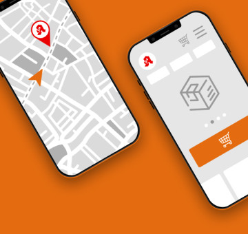 Zwei Smartphones zeigen eine Kartenansicht mit Apothekenmarkierung und einen Bestellbildschirm.