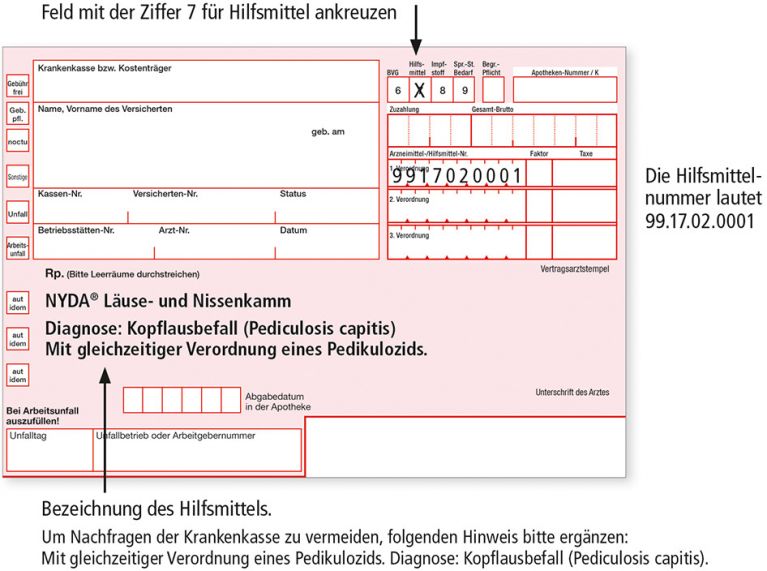 Verordnung für NYDA® Läuse- und Nissenkamm bei Kopflausbefall. Rezeptformular mit einer Verordnung für den NYDA® Läuse- und Nissenkamm bei Kopflausbefall (Pediculosis capitis), mit Hinweisen zur Kennzeichnung als Hilfsmittel und einer Hilfsmittelnummer.