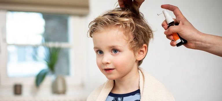 Ein kleines Kind mit blonden, leicht lockigen Haaren sitzt ruhig, während eine Person ein Läusespray auf sein Haar aufträgt. Das Kind trägt ein Handtuch über den Schultern.