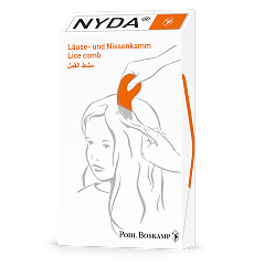 NYDA® Läuse- und Nissenkamm in Verpackung, mit orangefarbenem Griff und feinen Metallzinken.