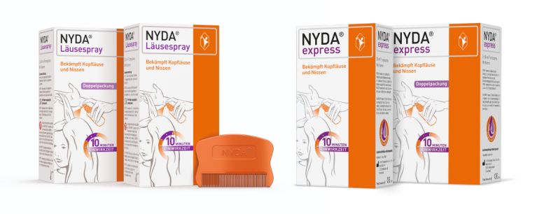 Packshot Nyda® Läusespray samt Doppelpackung und Nyda® express samt Doppelpackung. Davor der Läuse- und Nissenkamm.