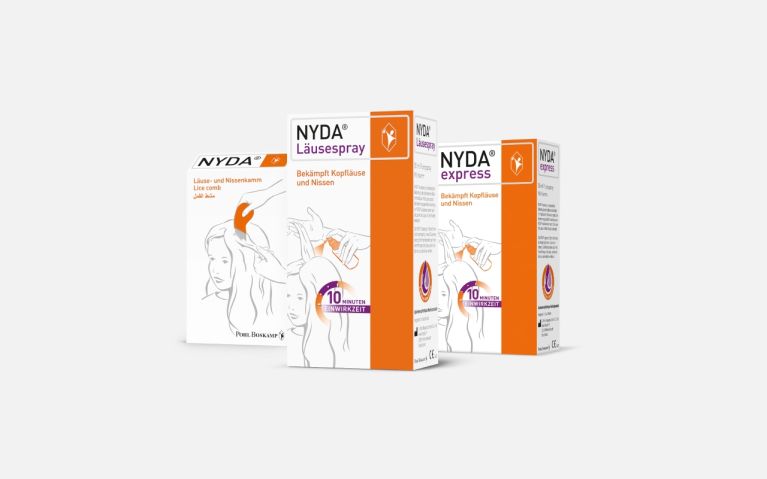 NYDA® Läusespray, NYDA® Express und Läusekamm auf weißem Hintergrund.
