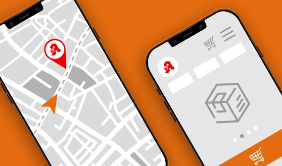 Grafik zweier Smartphones, die eine Apotheken-Suche auf einer Karte und eine Bestellfunktion in einer App illustrieren.