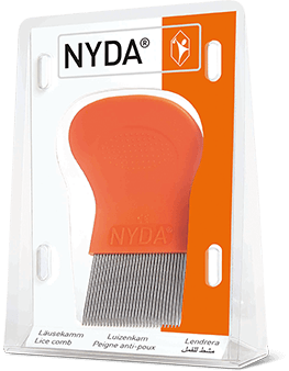 NYDA® Läuse- und Nissenkamm in Verpackung, mit orangefarbenem Griff und feinen Metallzinken.