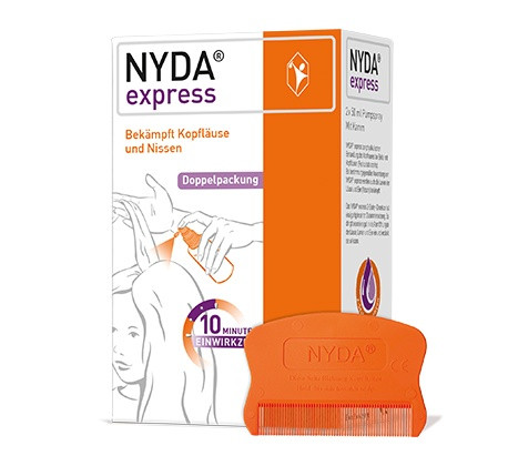 NYDA® express Läusemittel – Bekämpft Kopfläuse und Nissen in nur 10 Minuten Einwirkzeit. NYDA® express Verpackung mit abgebildetem orangefarbenem Läusekamm, wirksam gegen Kopfläuse und Nissen.