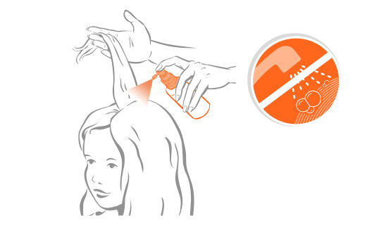 Bildhafte Darstellung eines Mädchens, dem das Läusespray von Nyda® in die Haare gesprüht wird.