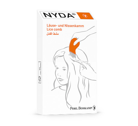 NYDA® Läuse- und Nissenkamm in transparenter Verpackung mit orangefarbenem Griff und feinen Zinken.