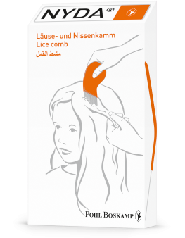 NYDA® Läuse- und Nissenkamm in Verpackung, mit orangefarbenem Griff und feinen Metallzinken.
